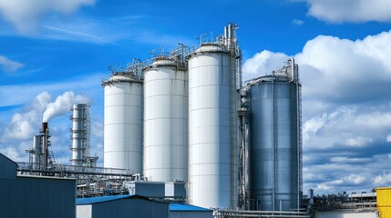 Obraz premium Pristine white factory building surrounded by clean blue skies, symbolizing modern industrial design.