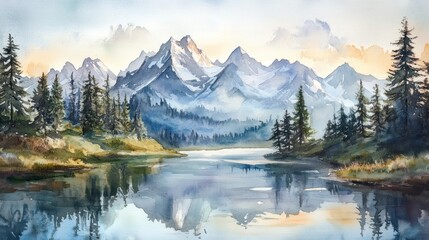 Serene watercolor landscape painting of a mountain lake reflecting majestic snow-capped peaks and evergreen forest.