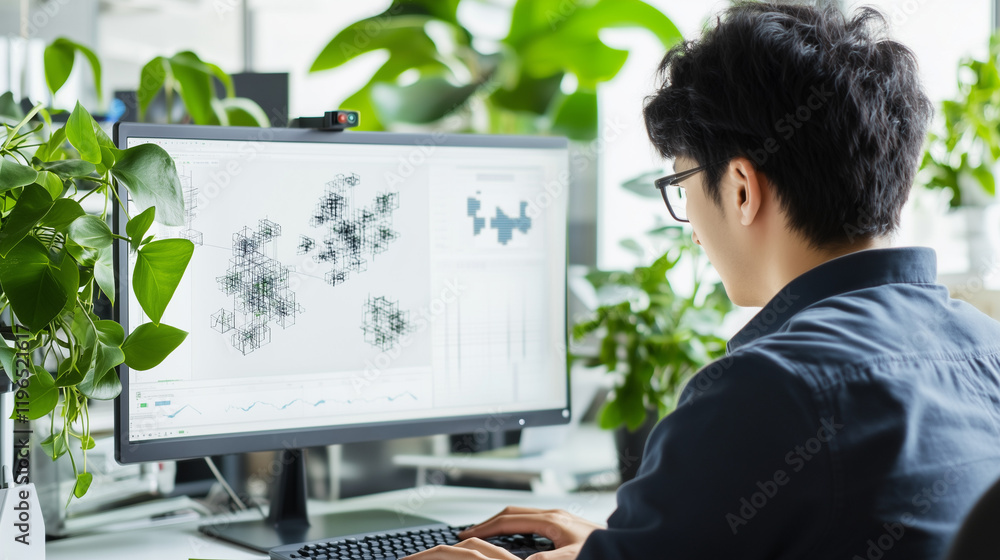 Aufkleber focused data analyst: a young man concentrates intensely on complex data visualizations displayed on