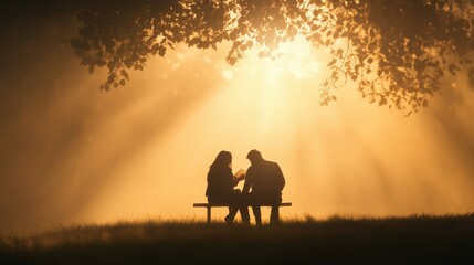 Naklejka premium Romantic couple sitting on bench reading love notes at sunset