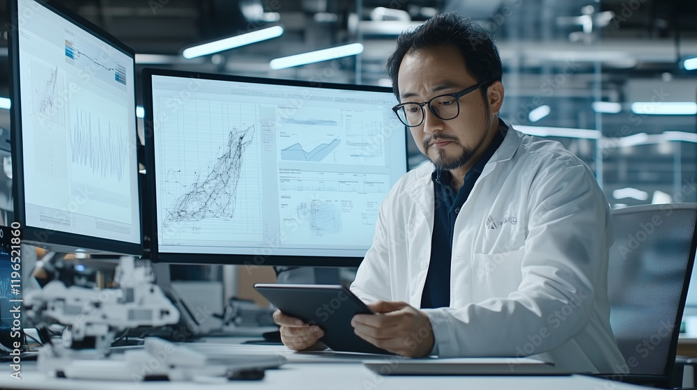 Poster focused scientist reviewing data: a dedicated scientist meticulously reviews data on multiple monito