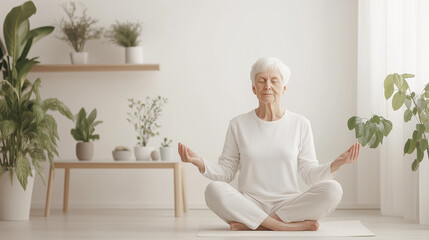 Serene Senior Meditation: An elderly woman with short, gray hair finds inner peace through meditation, sitting in a peaceful lotus pose amidst lush indoor plants.