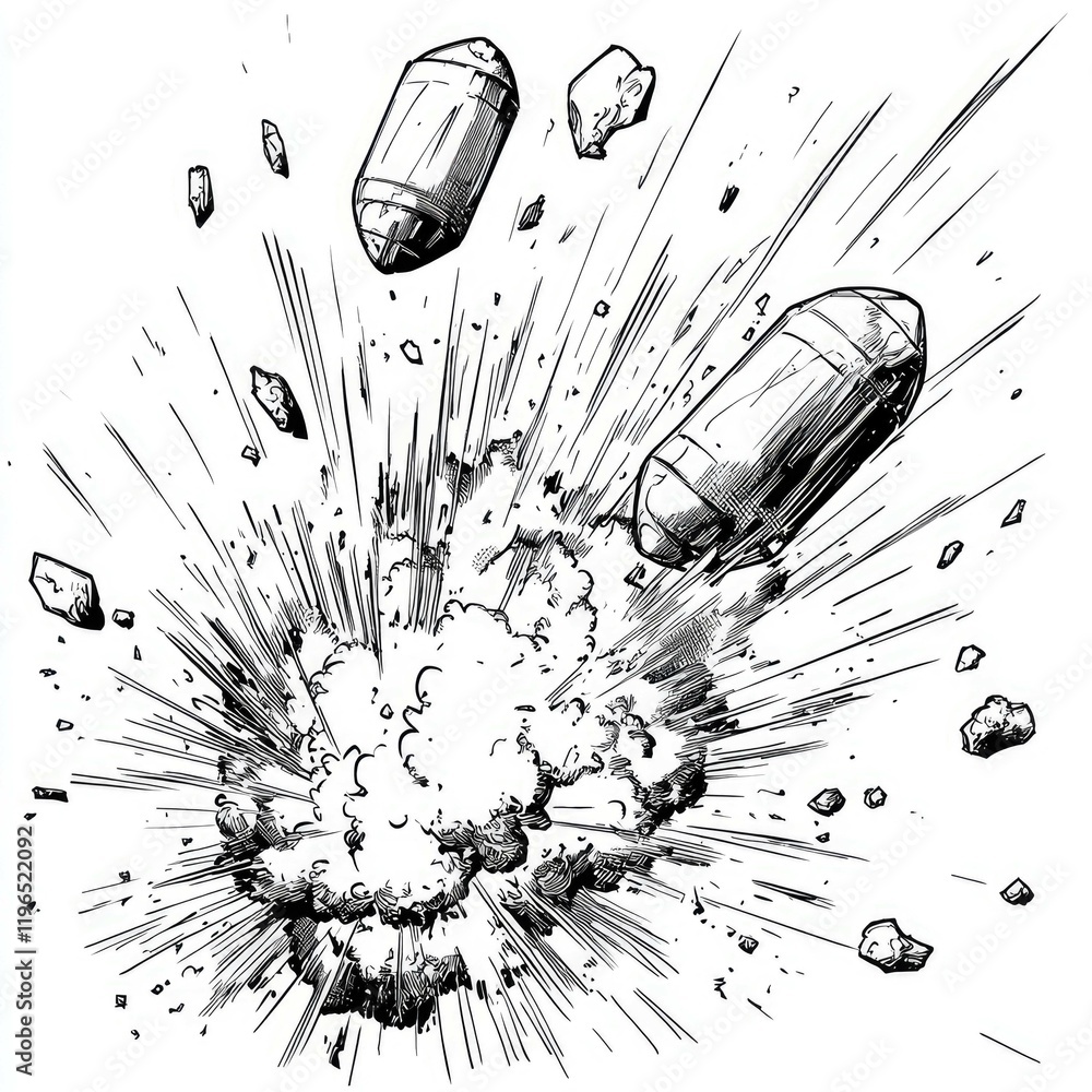 Poster high-impact explosion: dynamic black and white ink drawing of bullets exploding, showcasing intense 