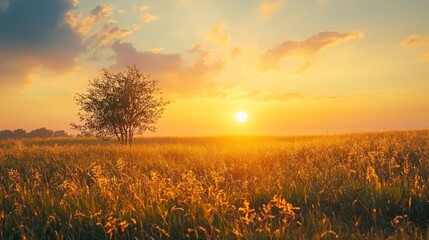 Obraz premium A peaceful morning landscape with the sun rising over a horizon, symbolizing new beginnings and motivation