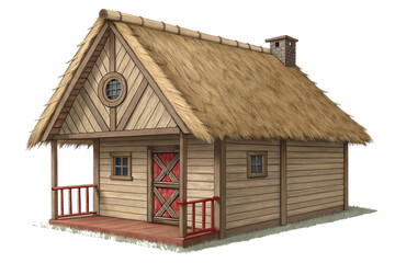a digital illustration of a small wooden house with a thatched roof