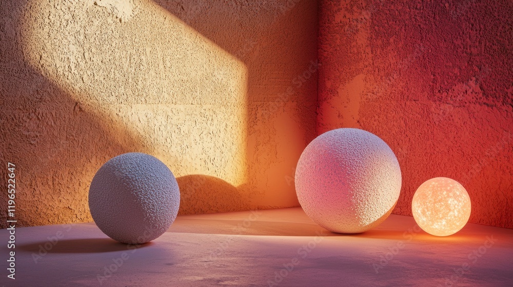 Poster softly illuminated spheres create a captivating display in a room filled with vivid hues. shadows da