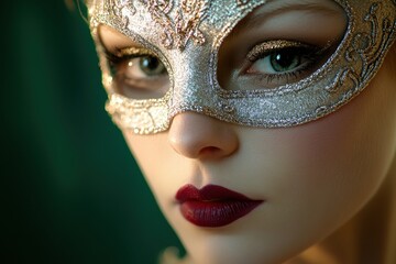 Woman wearing a decorative silver mask with glamorous makeup, showcasing elegance and mystery at a masquerade ball celebration or themed event with romantic ambiance.