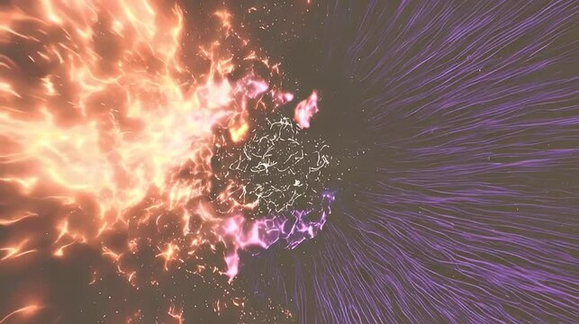 Abstract cosmic energy clash; fiery orange and violet nebulae collide. Background dark space. Use science fiction, fantasy