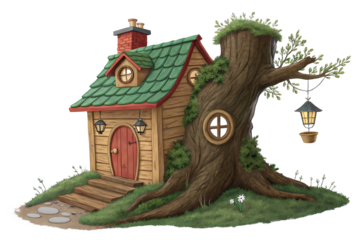 a small wooden house with a green roof and a red chimney