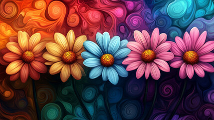 Obraz premium Psychedelic flower power background, colorful daisies floral vintage retro hippie hippy pattern. Suitable for marketing or business purposes