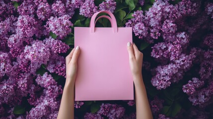Pink shopping bag mockup surrounded by lilac flowers.