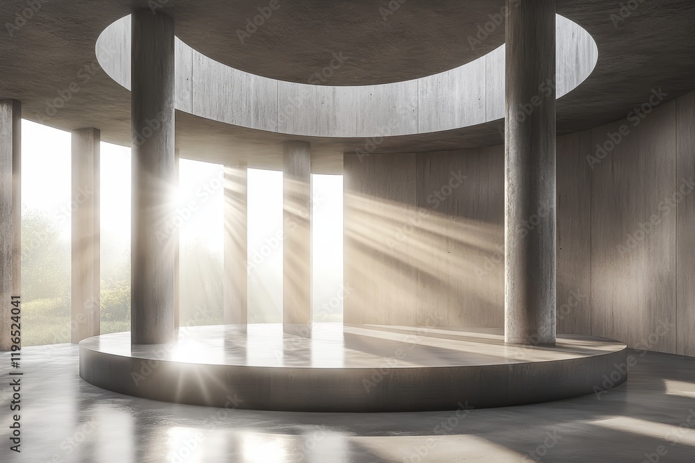 Poster sunbeams illuminate a circular concrete room with columns and a platform.