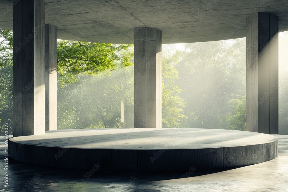 Poster circular concrete platform in a minimalist, unfinished building with trees and sunlight visible thro