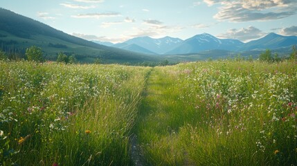 Obraz premium A peaceful nature path leading through a field of tall grass and wildflowers, with mountains visible in the distance