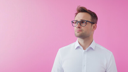 Thoughtful Man in Pink: A pensive young man with short brown hair and glasses, wearing a crisp white shirt, gazes thoughtfully into the distance against a vibrant pink backdrop.