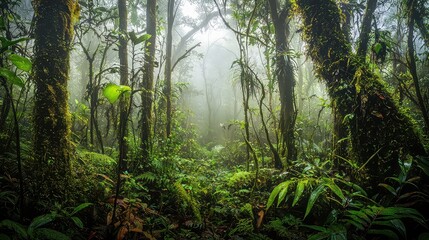 Fototapeta premium Mystical Rainforest Lush, Fog-Shrouded Realm
