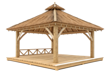 a wooden gazebo with a thatched roof