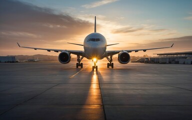 Ready for departure, sleek and powerful airplane stands poised on airport runway, its engines humming with anticipation, as warm glow of sunrise