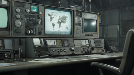 Fototapeta premium Vintage Control Room: An atmospheric image captures a vintage control room filled with archaic technology, including a world map on a CRT screen. The setting evokes a sense of mystery and intrigue. 