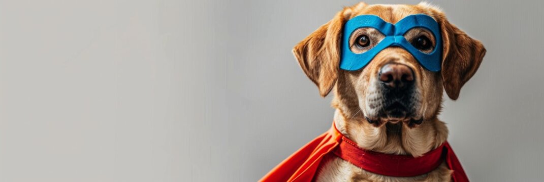 Close-up of a dog wearing a blue superhero mask and red cape. AI generative. .