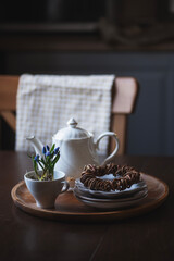 spring at country house kitchen. Seasonal rustic  home decor with muscari and teapot
