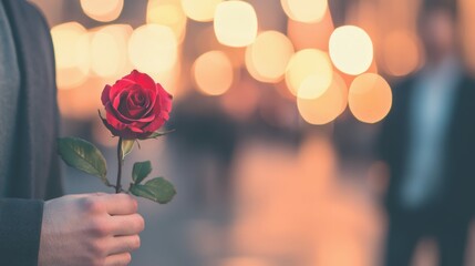 Romantic gesture: man in suit surprises partner with rose