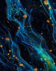 Naklejka premium Microscopic view of bioluminescent energy waves, organic flowing patterns, cellular level, abstract natural forms
