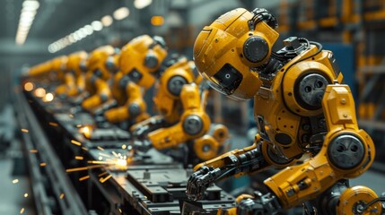 Fototapeta premium A line of yellow robots welding metal with sparks flying. AI generative. .
