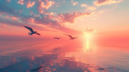 Fototapeta premium Three seagulls flying over the water with a beautiful sunset in the background. AI generative. .