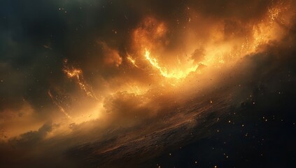 Naklejka premium Fiery cosmic storm engulfing a planet's surface.