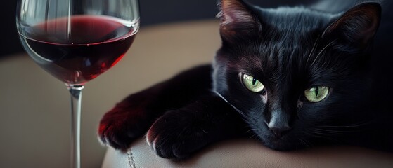 Fototapeta na wymiar Black cat relaxing next to a glass of red wine on a stylish surface. Cozy atmosphere for a luxurious evening at home with pets and fine beverages.