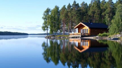 Fototapeta premium Serene lakeside cabin surrounded by lush trees and calm waters.