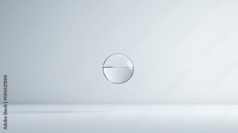 Poster minimalist sphere: a single, perfectly round sphere of transparent glass rests on a light gray surfa