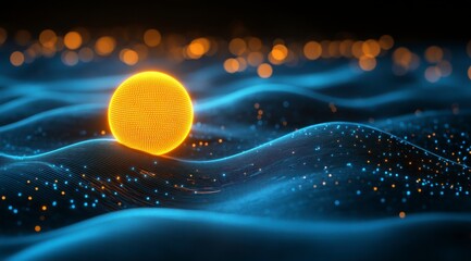 Glowing orange sphere surrounded by a futuristic blue wave of particles, showcasing dynamic motion, energy flow, and abstract digital art in a mesmerizing modern design concept