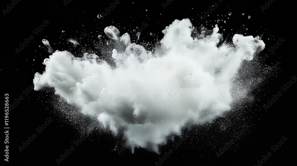 Poster abstract explosion: a dramatic burst of white powder explodes against a black background, creating a