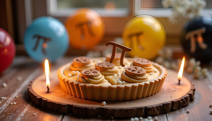 Pi Day themed pie with candles and colorful decorations
