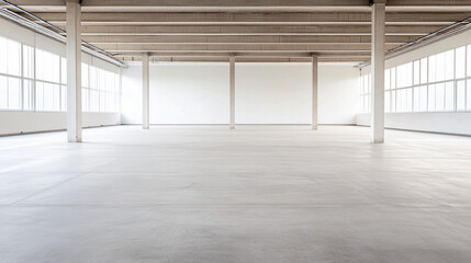 Vast Industrial Space:  A spacious, bright industrial interior with high ceilings, polished concrete floors, and large windows showcasing abundant natural light. The clean.