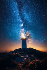 Lighthouse Stands Tall Underneath A Starry Night Sky