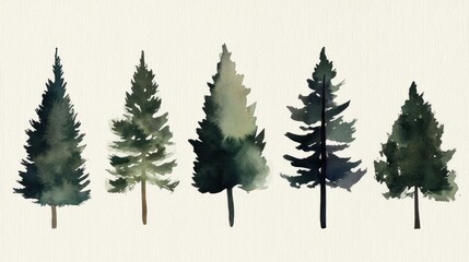 Obraz premium Watercolor painting of five evergreen trees.