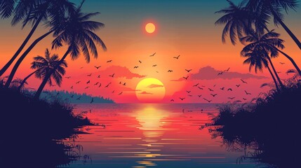 Sunset over the ocean, palm trees, and birds flying. AI generative. .