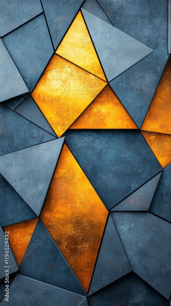 Poster bright golden triangles burst forth amidst a backdrop of cooler blue tones, creating a mesmerizing v