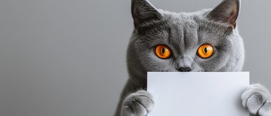 Cat holding blank sheet of paper with bright orange eyes on gray background, cute pet expression, playful animal, creative design and advertising concept.