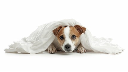 A dog with brown and white fur peeks out from under a white blanket. AI generative. .