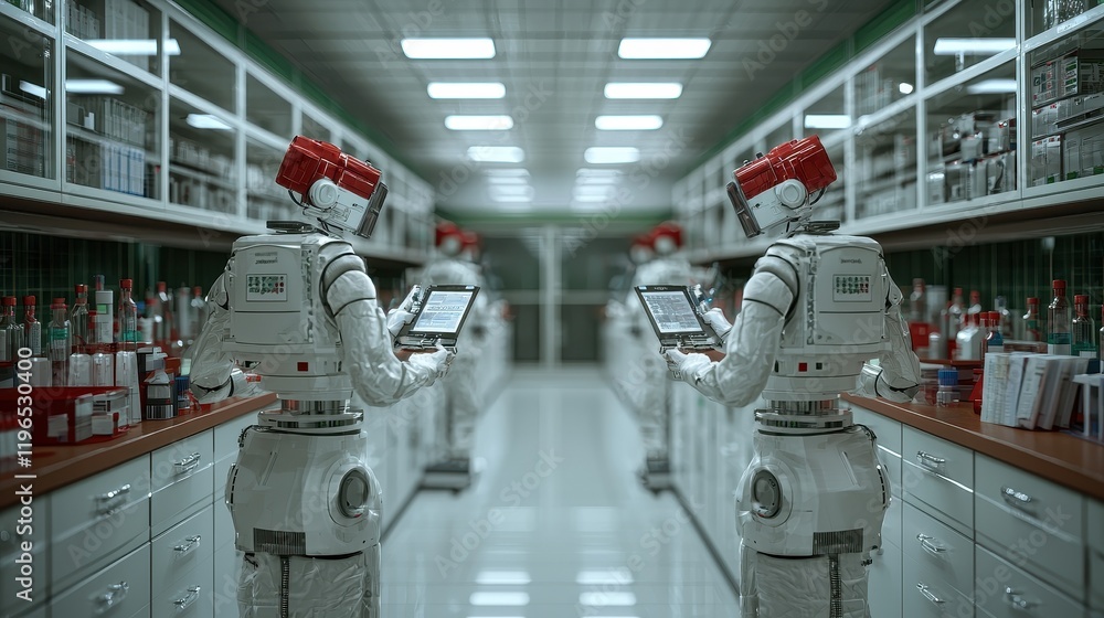 Poster robots in laboratory with high-tech equipment