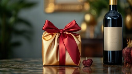 Elegant Gift Presentation: A Luxurious Gold-Wrapped Present with Red Ribbon and Wine Bottle