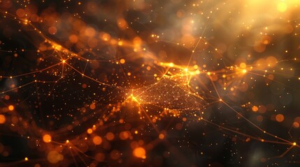 Abstract network of glowing orange lines and bokeh on a black background. AI generative. .