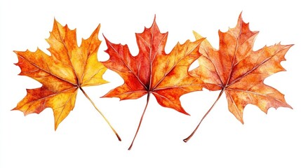 Three vibrant autumn maple leaves isolated on white background.