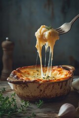 Cheesy pasta dish with melted cheese pulled by a fork, draped in a rustic setting, showcasing comfort food and gourmet dining experience for food lovers.