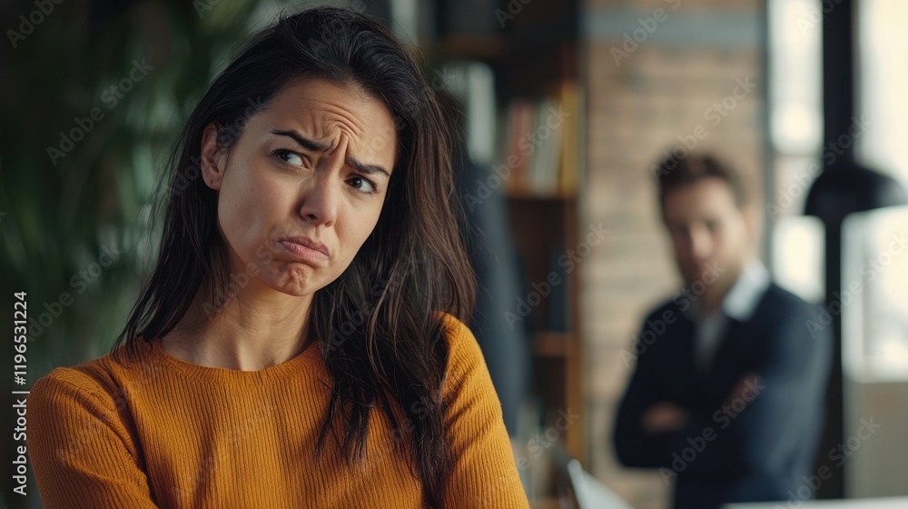 Poster a person frowning while watching a colleague excel during a team presentation.