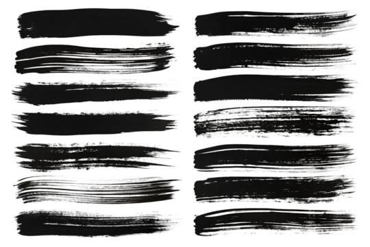 Set of black and white brush strokes. Isolated, on transparent background. PNG